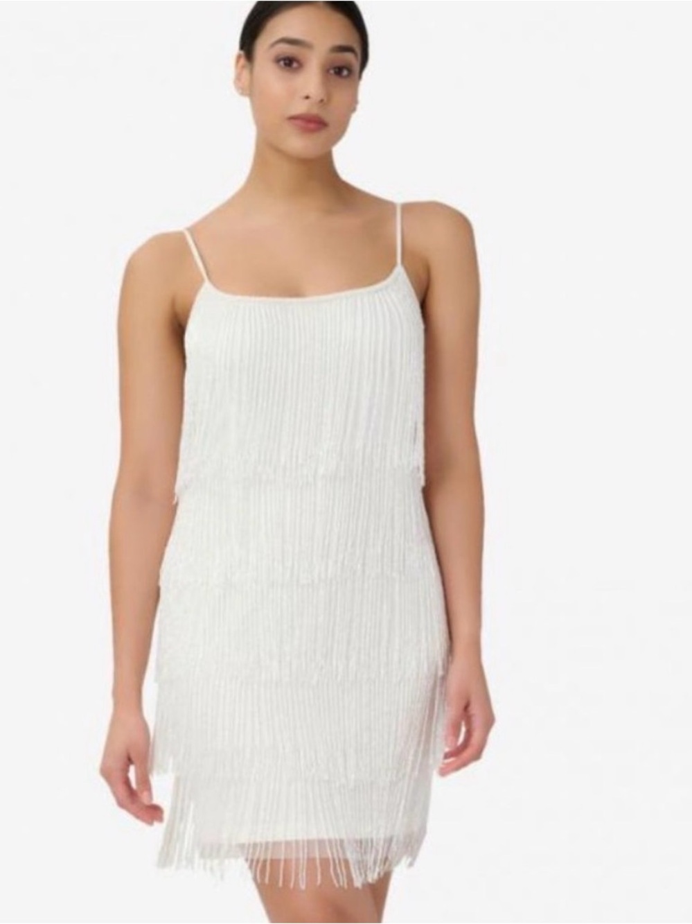Adrianna Papell White Beaded Fringe Slip Dress
